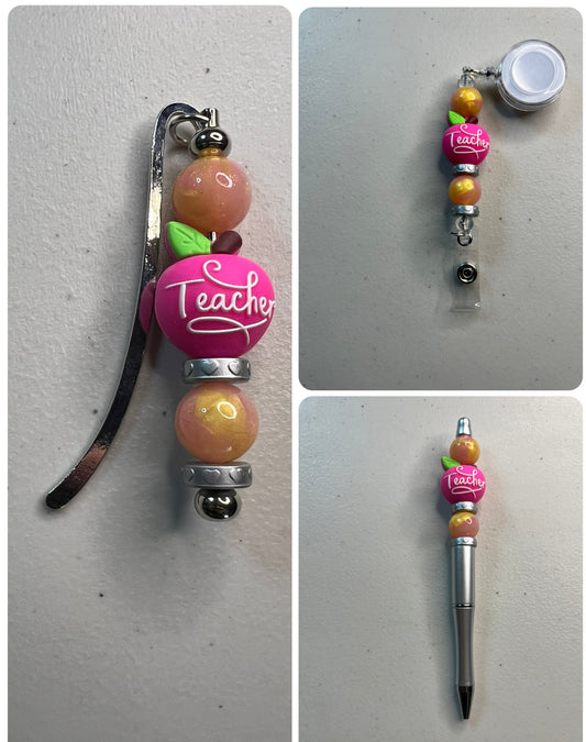 Teacher Pink Apple Gift Set – Pen, Bookmark & Badge Reel