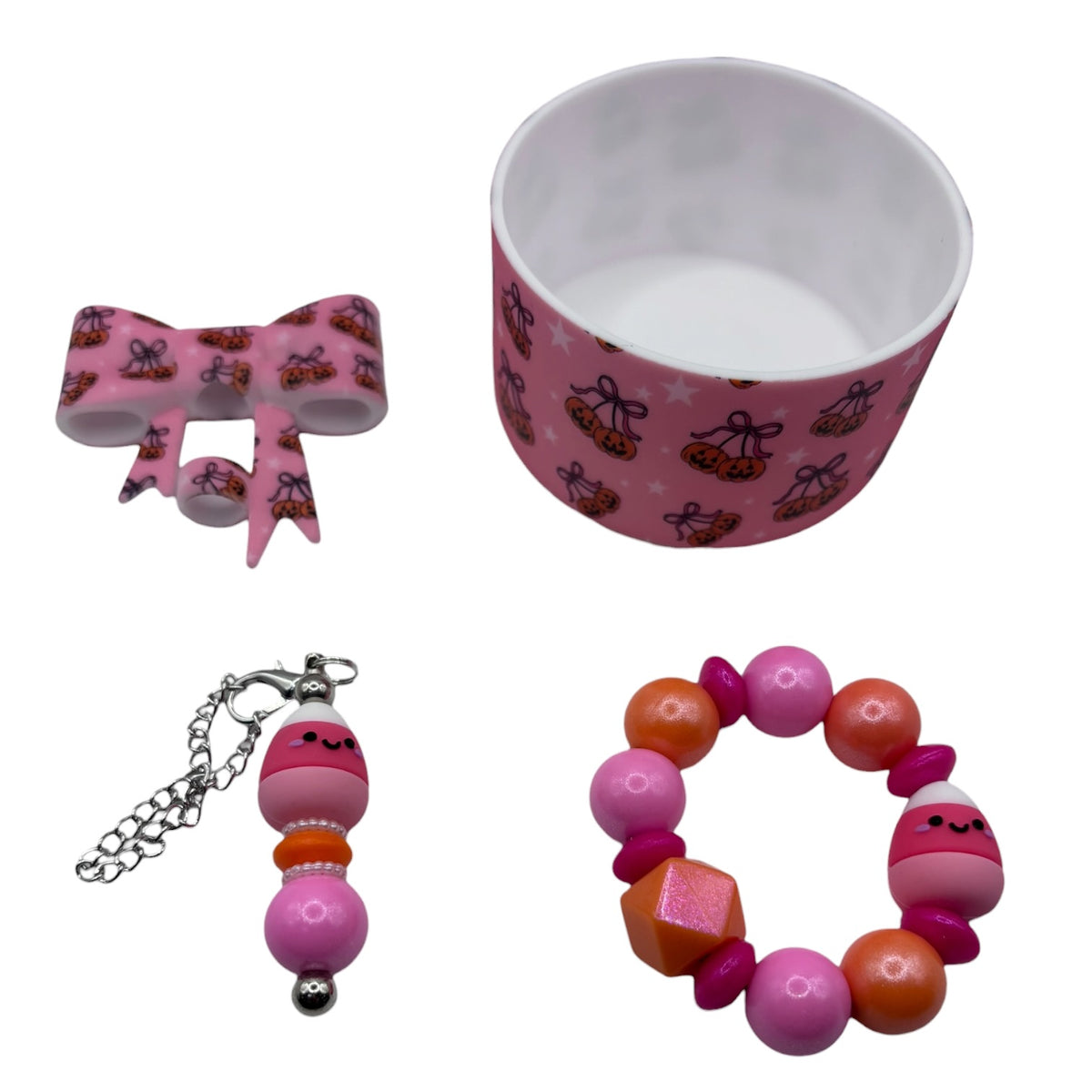 Pink Cherry Candy Corn Bow Tumbler Accessory Set