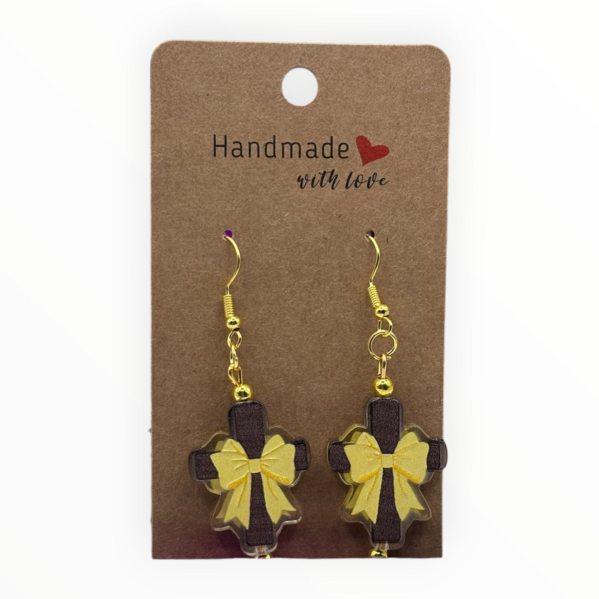 Golden Bow Cross Acrylic Earrings
