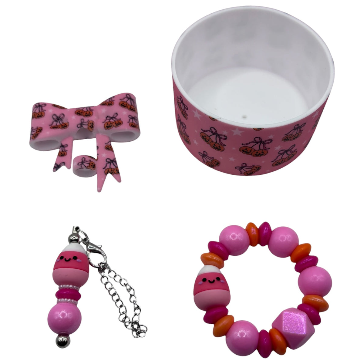 Pink Cherry Candy Corn Bow Tumbler Accessory Set